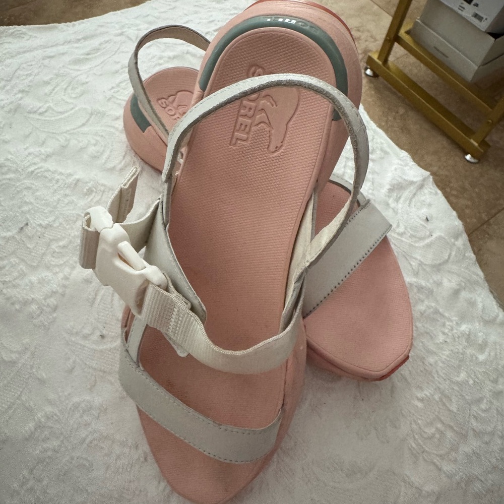 Sorel Blush and Cream Suede Block Heel Sandals
